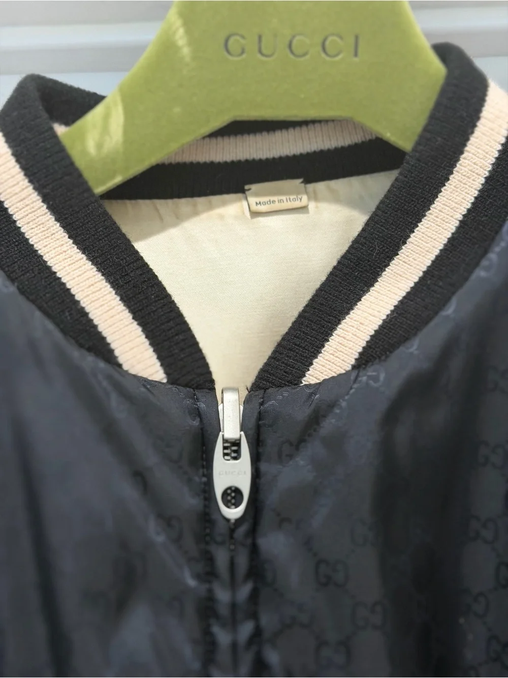 Gucci Reversible Black Bomber Jacket with Cream Stripe Trim